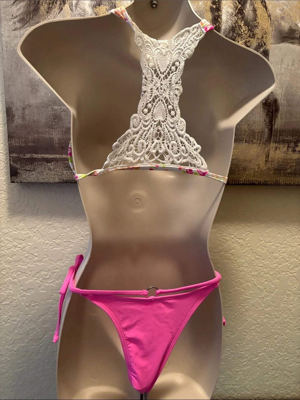 Floral Tie-Front Triangle Bikini Top with Pink Side-Tie Bottoms - Women Swim